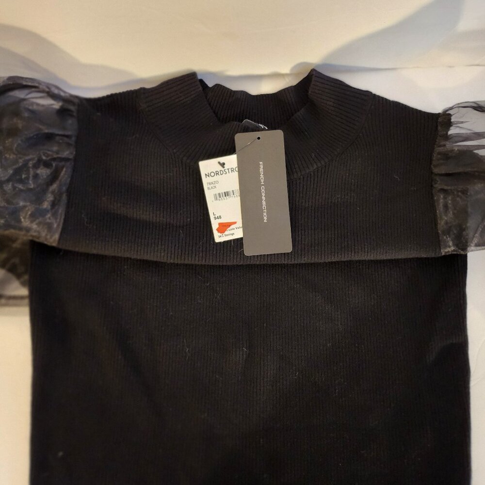 French‎ Connection Black Elegant Sweater, Black with sheer sleeves, NWT